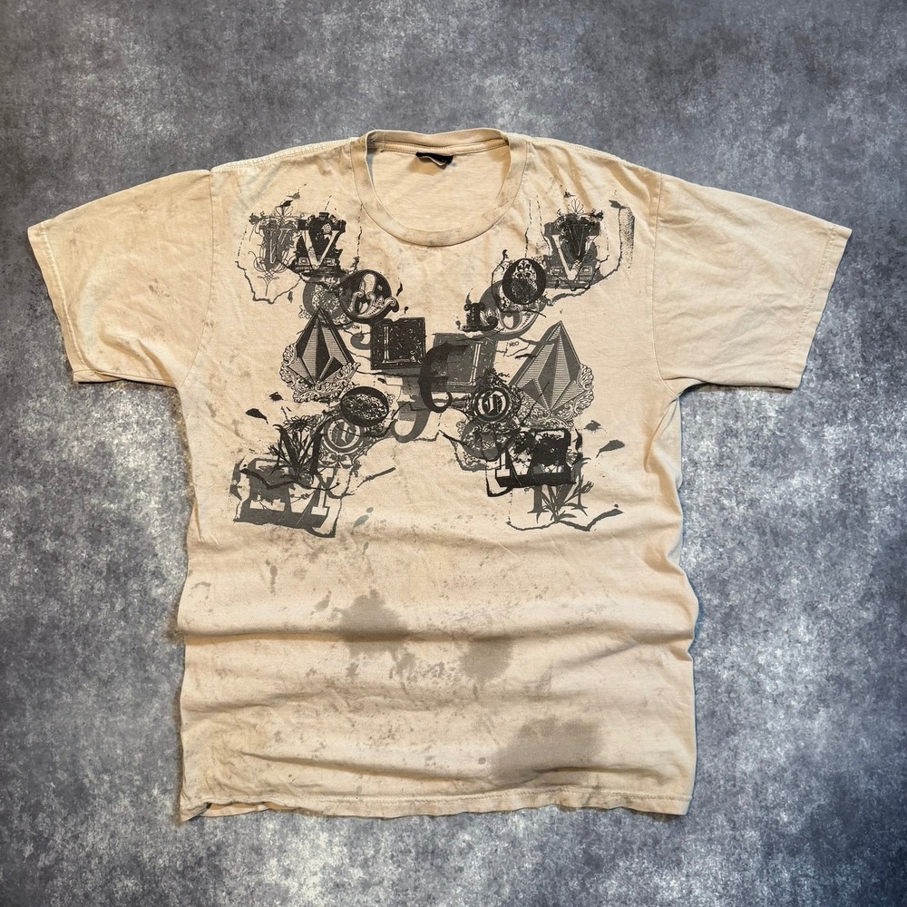 Y2K Volcom Mens Graphic T-Shirt Tan Beige Large Skate Surf Distressed Style